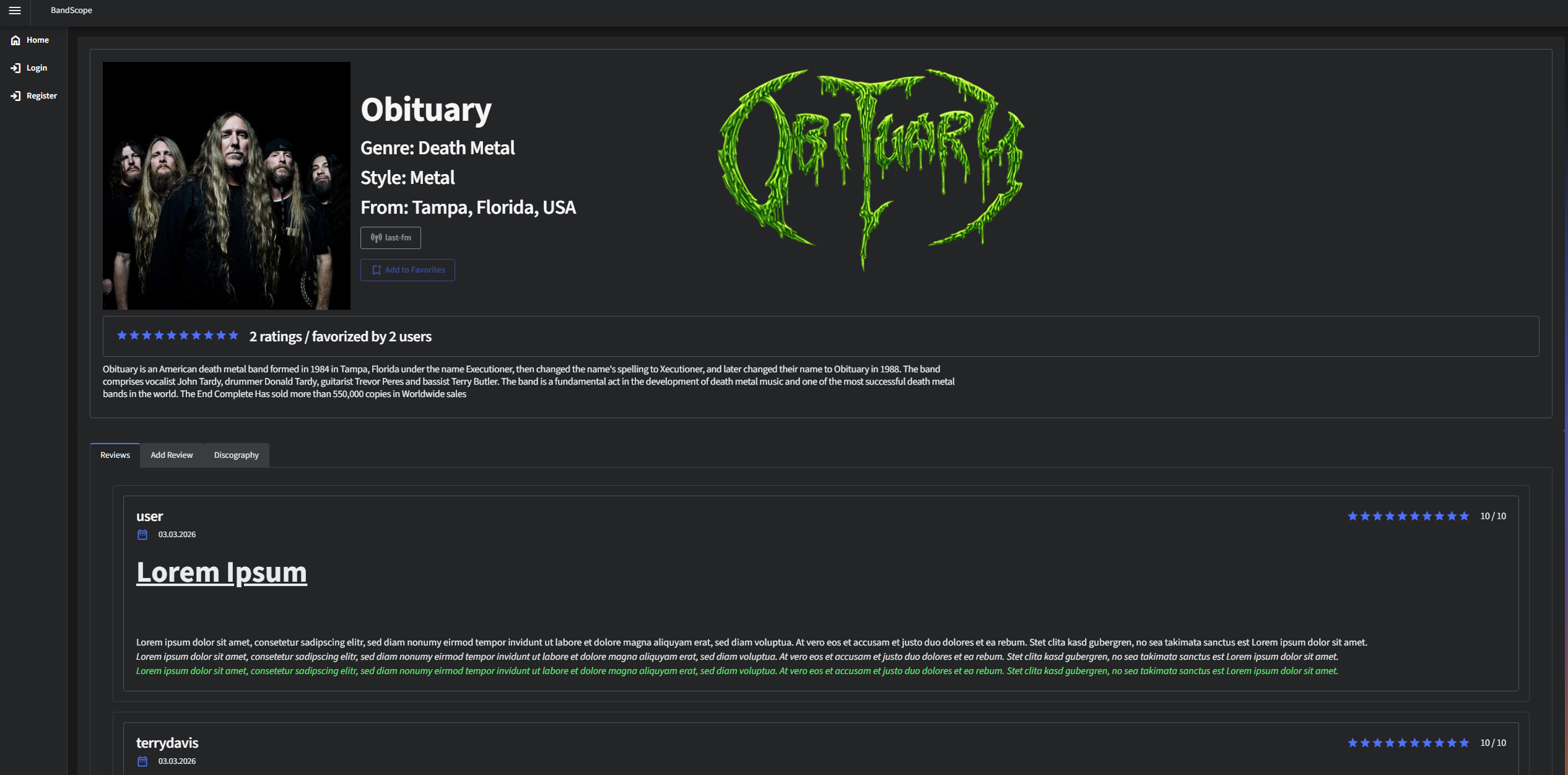 Detailpage of an artist